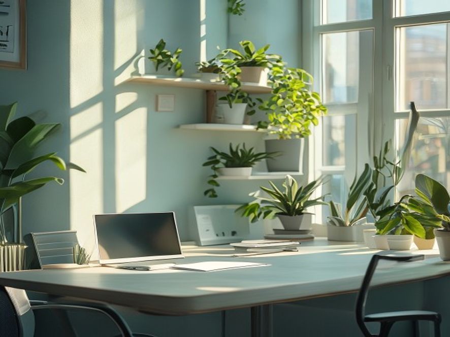 Soligt kontor med person ved ergonomisk arbejdsplads